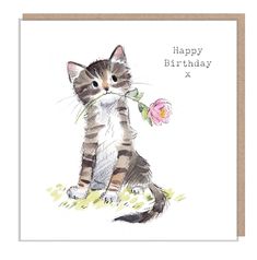 a card with a cat holding a flower in it's mouth and the words happy birthday