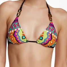 Trina Turk Nuevo Sol Triangle Bikini Top In Printed Microfiber. Brand New With Tags. Nylon/Spandex; Hand Wash. Imported. Size 4 Vibrant Stretch Swimwear With Triangle Top, Vibrant Triangle Top Swimwear For Festivals, Triangle Top Swimwear With Vibrant Print For Beach Party, Stretch Multicolor Halter Top For Pool, Sunbathing Swimwear With Vibrant Print And Triangle Top, Multicolor T-back Halter Top, Multicolor Fitted Halter Top With T-back, Fitted Multicolor T-back Halter Top, Multicolor Triangle Top Swimwear For Festival