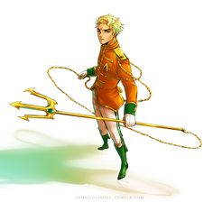 a man dressed in an orange outfit and green boots holding two arrows with both hands