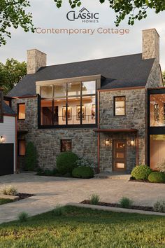 A cottage style home front with modern elements, stone walls, copper gutters and downspouts, geometric shapes with oversized windows, two visible chimneys Modern Farmhouse Ranch, Classic Homes, Contemporary Cottage, Modern Farmhouse Plans, Level Homes, Gallery Design, Merry Go Round