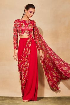 Buy Red Modal Printed Floral Jaal Round Blouse And Sharara Saree Set For Women by DiyaRajvvir Online at Aza Fashions. Bollywood Style Red Pre-draped Saree With Self Design, Red Unstitched Pre-draped Saree For Diwali, Red Georgette Pre-draped Saree With Sheer Dupatta, Red Unstitched Anarkali Pre-draped Saree, Red Pre-draped Saree With Unstitched Blouse For Navratri, Fitted Red Georgette Blouse Piece, Red Pre-draped Saree For Reception At Eid, Red Georgette Blouse Piece For Navratri, Draped Georgette Traditional Wear For Festivals