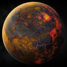 an artist's rendering of a planet with red and yellow streaks on its surface