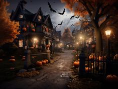 an animated halloween scene with pumpkins and bats