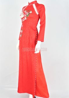 Áo Dài Gấm Đỏ Thêu Hoa Cách Điệu | Red Ao Dai Vietnamese Red Long Sleeve Ao Dai For Formal Occasions, Festive Red Fitted Ao Dai, Festive Fitted Red Ao Dai, Red Embroidered Fitted Ao Dai, Red Embroidered Ao Dai For Festive Occasions, Traditional Red Ao Dai For Festive Occasions, Festive Red Embroidered Ao Dai, Red Ao Dai, Ao Dai Vietnamese