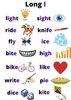 a poster with words that say long i, light, sight, ride, knife, fly, bike, high, write, write