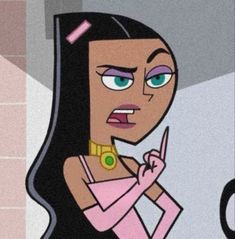 an animated woman with long black hair and green eyes pointing to the side while standing in front of a mirror