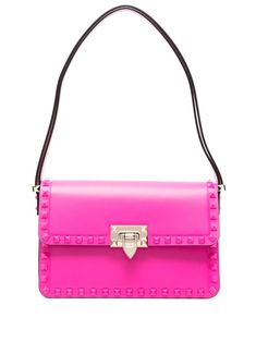 fuchsia pink calf leather signature Rockstud detailing platinum-plated hardware single shoulder strap foldover top hook fastening main compartment internal logo stamp leather lining Valentino Garavani Bag, Shoulder Bag Pink, Pink Shoulder Bag, Latest Bags, Leather Cap, Mini Handbags, Fuchsia Pink, Logo Stamp, Small Shoulder Bag