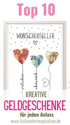 a poster with balloons and the words'top 10'written in german on it