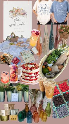 a collage of photos with food and drinks on it including fruit, vegetables, flowers