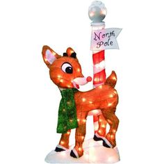 a light up reindeer with a sign that says north pole