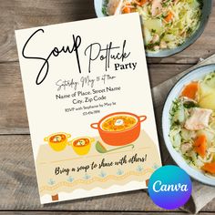 soup potluck party flyer with two bowls of food on the table and one bowl of broccoli next to it