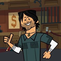 a cartoon character is smiling and giving the peace sign with his hand while standing in front of a bar