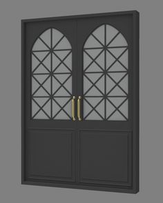 a black double door with two glass panels and gold handles on the top, in front of a gray wall