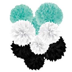 tissue pom poms in black, white and aqua colors on a white background