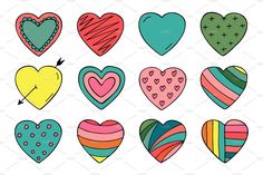 nine hearts with different colors and patterns