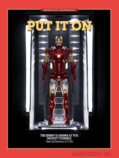 an iron man figure is displayed in front of a red background with the words put it on