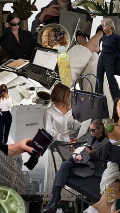 a collage of people sitting in chairs with laptops and other items on them