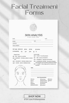 the facial treatment form is shown in black and white, with an image of a woman's face on it