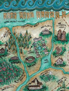 a map with many different locations and names on it, including the water way in front of