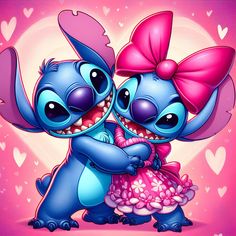 two cartoon characters hugging each other on a pink background with heart shapes in the background