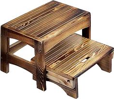 a wooden step stool sitting on top of a white background