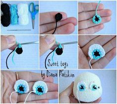 the instructions for making an eyeball necklace with beads and yarn are shown in pictures