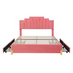 a pink bed frame with wooden slats and headboard is shown against a white background