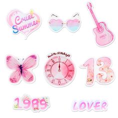 various stickers and magnets with the words love, music, butterflies, sun glasses