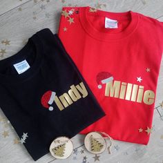 Personalised Christmas Matching Family T-shirts. Kids and adults now available!! Personalise with the name of your choice and choose from a red or black t-shirt. Great for family get togethers over christmas. Names are printed in gold with a red and silver glitter santa hat. 100% cotton t-shirts printed to order in our Cheshire workshop. If you can't quite find what you are looking for please let us know and we will be happy to help Matching Family T Shirts, Santa Tee, Personalized Matches, Christmas Names, Christmas Matching, Christmas T Shirts, Christmas Tees, Santa Hat, Christmas Tshirts