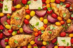 chicken, tomatoes, onions and other vegetables are arranged in a baking pan to be cooked