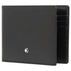 A Montblanc wallet from the Meisterstuck collection. This Montblanc wallet is crafted in black European full-grain cowhide. The interior features "Montblanc" print jacquard lining, 6 credit card pockets, 2 cash pockets, and 2 slip pockets. Dimensions: 4.5" x 3.3". Made in Spain. Size: S.  Gender: male.  Age Group: adult. Designer Trifold Wallet With Coin Pocket For Business, Designer Trifold Wallet With Rfid Blocking For Formal Occasions, Designer Bifold Wallets For Formal Occasions, Designer Bifold Business Wallet, Luxury Black Trifold Wallet For Formal Occasions, Luxury Bifold Wallets For Business, Luxury Bifold Business Wallets, Luxury Leather-lined Trifold Wallet For Formal Occasions, Luxury Smooth Grain Wallet For Formal Occasions