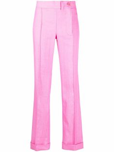 Pink linen button-fastening tailored trousers from JACQUEMUS featuring tonal design, side button fastening, belt loops, two rear welt pockets, pressed crease and turn-up cuffs. Pink Cotton Pants With Button Closure, Luxury Fitted Pink Pants, Luxury High-waist Pink Pants, Pink Straight Leg Pants With Button Closure, Luxury Pink Trousers, Nicki Minaj Pictures, Pink Linen, Tailored Trousers, Bottoms Pants