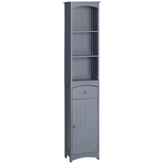 a tall gray cabinet with drawers and doors