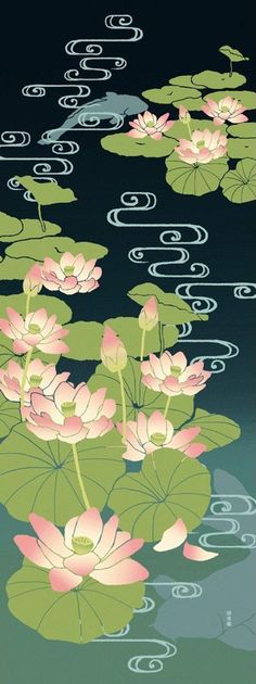 pink water lilies floating on top of green leaves