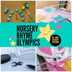 the cover of nursery rhyme olympics with pictures of toys and crafting supplies