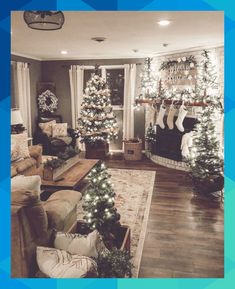 the living room is decorated for christmas with stockings and garlands on the fireplace mantel