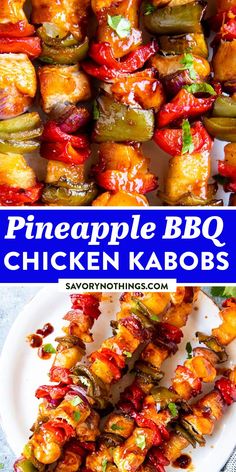 pineapple bbq chicken kabobs on a plate with the title above it