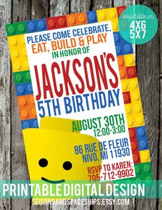 a lego birthday party poster with an image of a yellow brick face on the front