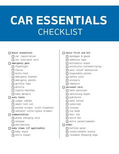 a checklist with the words car essentials in blue and white, on top of it