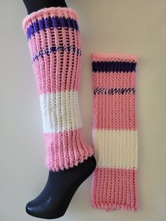 "Yoga Leg Warmers Slip these leg warmers on and your legs are toasty warm and ready for yoga. These unique, hand knitted leg warmers were crafted by Kevin Easton for Loom of a Fruit (LOAF.) This pair is entitled \"Stillwater Yoga.\" They measure 17\" long and stretch over all calf sizes. The cotton blend yarn is machine washable and dryer safe. They are for men, women and transgender and make a perfect gift. These are also great for ice skating, dancing, skating and roller derby! For more LOAF products, visit @LoomOfAFruit on Etsy, Facebook, Twitter and Instagram! Tagged and ready for resale. Retail price: $58.00" Casual Pink Footless Leg Warmers, Casual Pink One Size Leg Warmers, Casual Pink One-size Leg Warmers, Casual Stretch Pink Leg Warmers, Pink Knitted Leg Warmers For Winter, Leg Warmer, Knitted Leg Warmers, Roller Derby, Socks And Hosiery