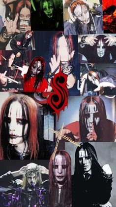 the collage shows many different images of people with their faces painted red and black