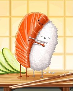 a sushi character is holding on to the side of a table with chopsticks