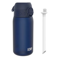 A dark blue insulated water bottle labeled ION8 stands upright beside a white detachable straw against a plain white background. School Lunch Boxes, Hiking Water Bottle, Small Water Bottle, School Lunch Box, Kids Water, Bottle With Straw, Carbonated Drinks, Kids Water Bottle, Carbon Neutral