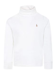 white cotton mock neck long sleeves embroidered logo at the chest ribbed cuffs and hem Classic White Long Sleeve Turtleneck, White Funnel Neck Tops With Ribbed Cuffs, Casual White Turtleneck For Spring, Casual White Spring Turtleneck, White High Neck Tops With Ribbed Cuffs, White High Neck Cotton Top, Classic Cotton Long Sleeve Turtleneck, Classic Long Sleeve Cotton Turtleneck, Classic White Turtleneck With Ribbed Cuffs