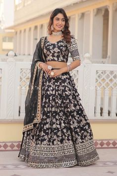 Enticing Black Viscose Jacquard Embroidered Lehenga Choli – Palkhi Fashion Black Sequin Lehenga, Jacquard Lehenga, Black Lehenga Choli, Heavy Lehenga, Ghaghra Choli, Lehenga Choli For Women, Choli For Women, Black Lehenga, Net Lehenga