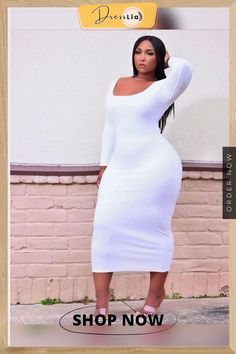 Long Sleeve U Collar Solid Plus Size Maxi Dress Knee-length Bodycon Maxi Dress For Brunch, White Midi Length Long Sleeve Dress For Brunch, Casual White Fitted Long Sleeve Dress, Chic White Long Sleeve Midi Dress, Long Sleeve Bodycon Midi Dress For Day Out, Bodycon Long Sleeve Midi Dress For Day Out, Plus Size Maxi Dress, Calf Sleeve, Plus Size Maxi