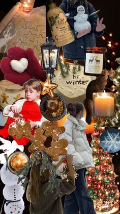 a collage of christmas items and people in front of a tree with snowflakes