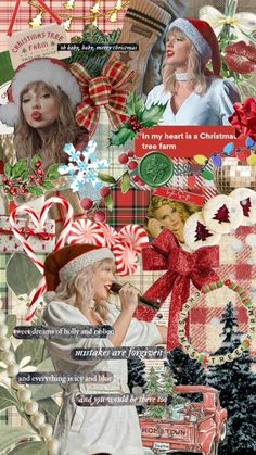 the collage has many different pictures and words on it, including candy canes