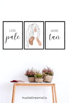 three framed posters with the words less, more tan on them and two planters