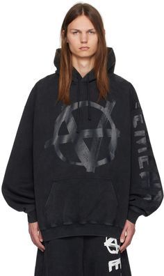 French terry hoodie. · Drawstring and embroidered logo at hood · Graphic printed at front and sleeve · Kangaroo pocket · Rib knit hem and cuffs · Dropped shoulders Supplier color: Washed black French Terry Hoodie, Bags For Men, Drawstring Hoodie, Mens Activewear, Kangaroo Pocket, French Terry, Kangaroo, Apparel Accessories, Rib Knit